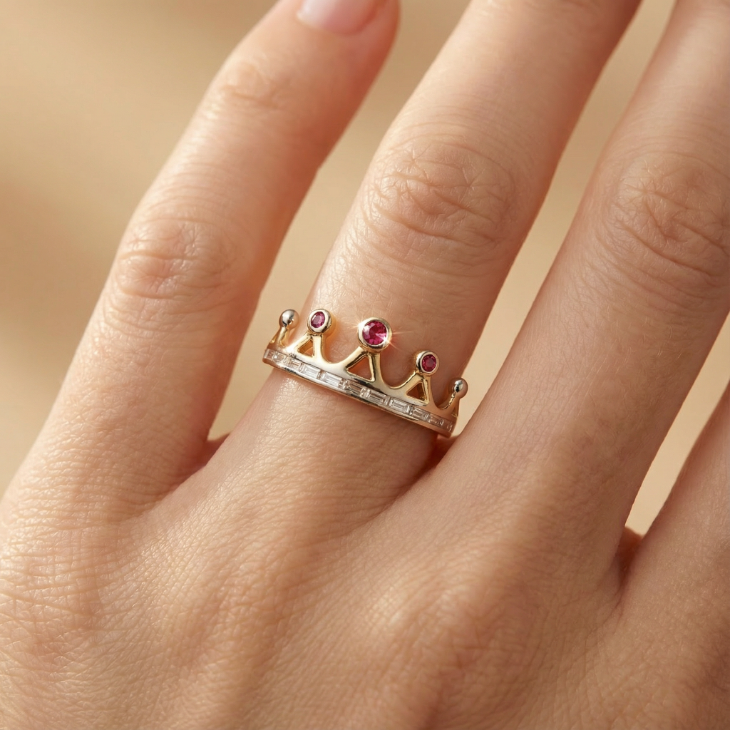 Anillo XV Años de Oro 14k Corona con Zirconias Rojas mod. 10263